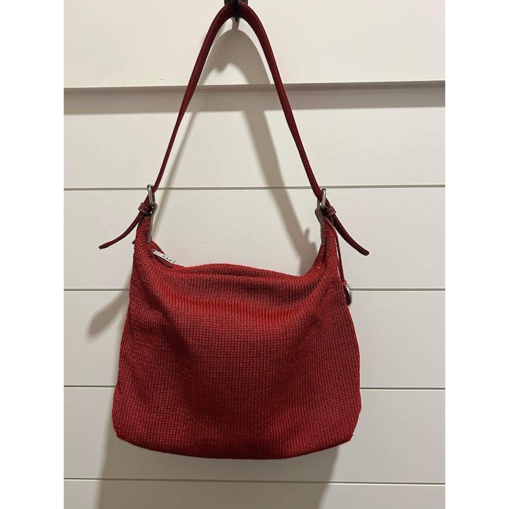 The Sak Red Crochet Knit Hobo Shoulder Bag Bohemian Zip Top Handbag